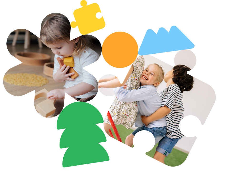 Główny obraz przedstawiający bawiące się dzieci oraz kolorowe elementy